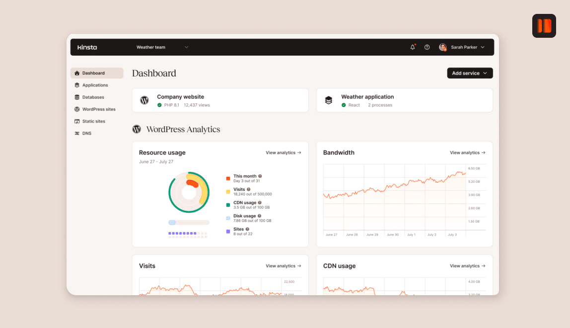 La dashboard di MyKinsta mostra vari grafici e diagrammi basati sui dati del sito.