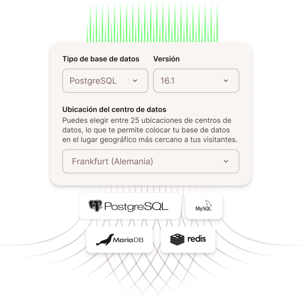 Captura de pantalla que muestra la selección del tipo de base de datos, la versión y la ubicación del centro de datos de MyKinsta