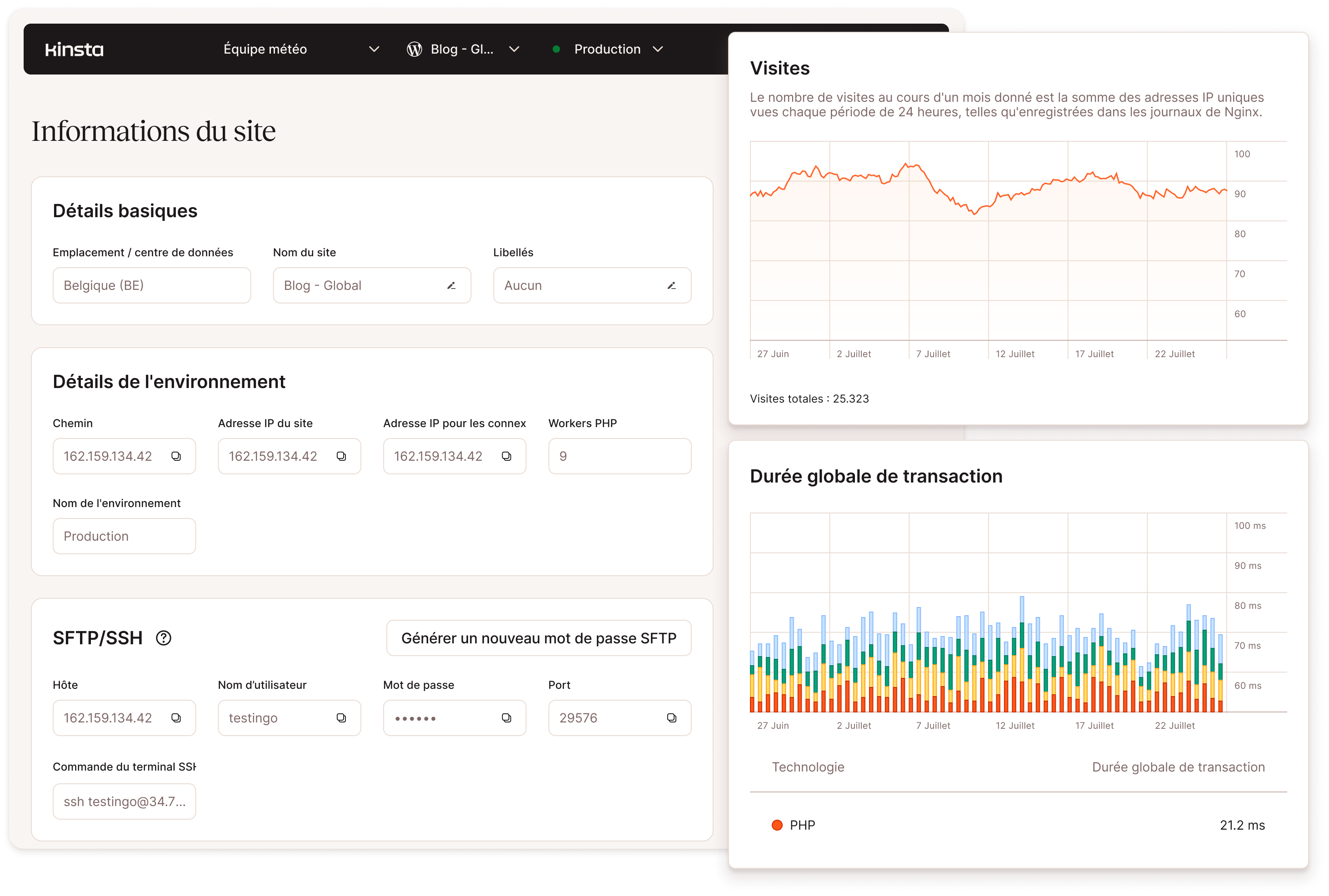 Captures d'écran montrant les fonctions de gestion du site WordPress MyKinsta