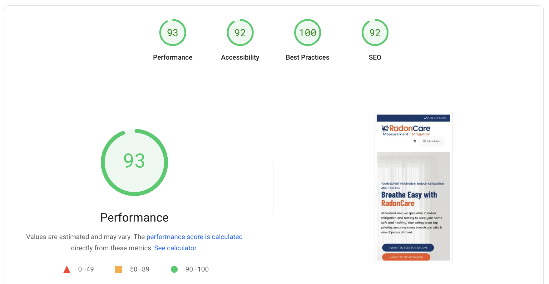 Metriche PageSpeed migliorate del sito di un cliente di YEG Digital