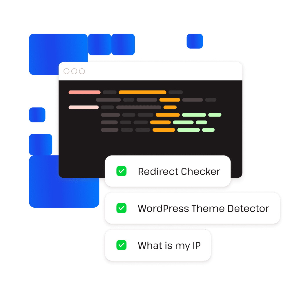 Examples of WordPress developer tools like; Redirect checker, WordPress Theme Detector and What is my IP